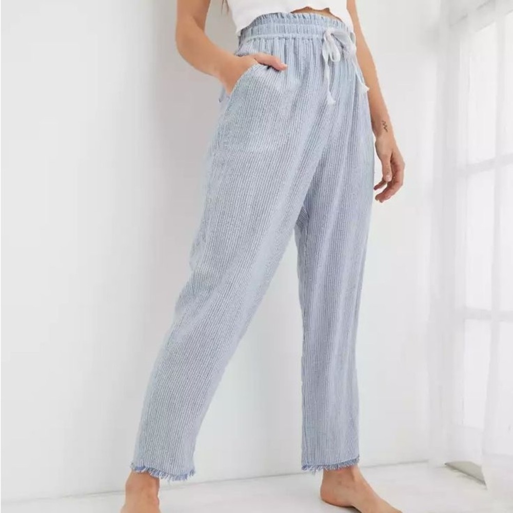 Aerie Real Good Gauze Striped High Waisted Pants Size Medium blue white boho